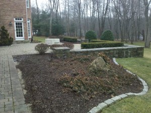 Outdoor living space before construction of marble patio with outdoor kitchen and firepit.