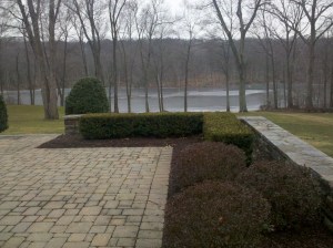 Outdoor pic before the stone and marble firepit